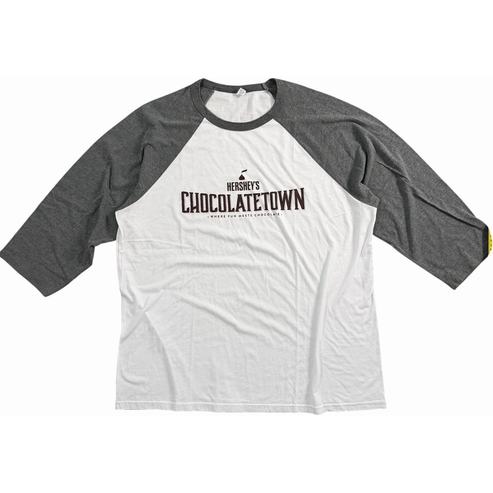 Hersheys Chocolatetown Raglan Shirt Mens Large 3/4 Sleeve White Gray Graphic